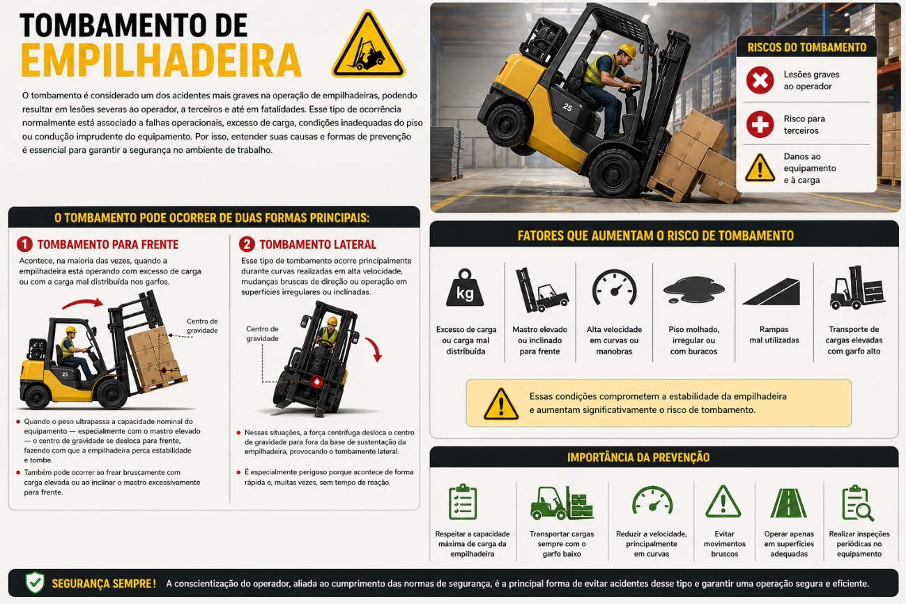 Infográfico: tombamento de empilhadeira — tipos, causas e fatores de risco
