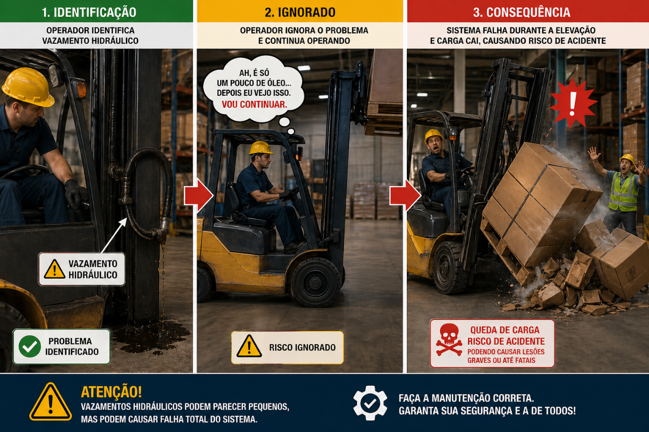 Infográfico: operador identifica vazamento, ignora o problema e sofre a consequência — queda de carga