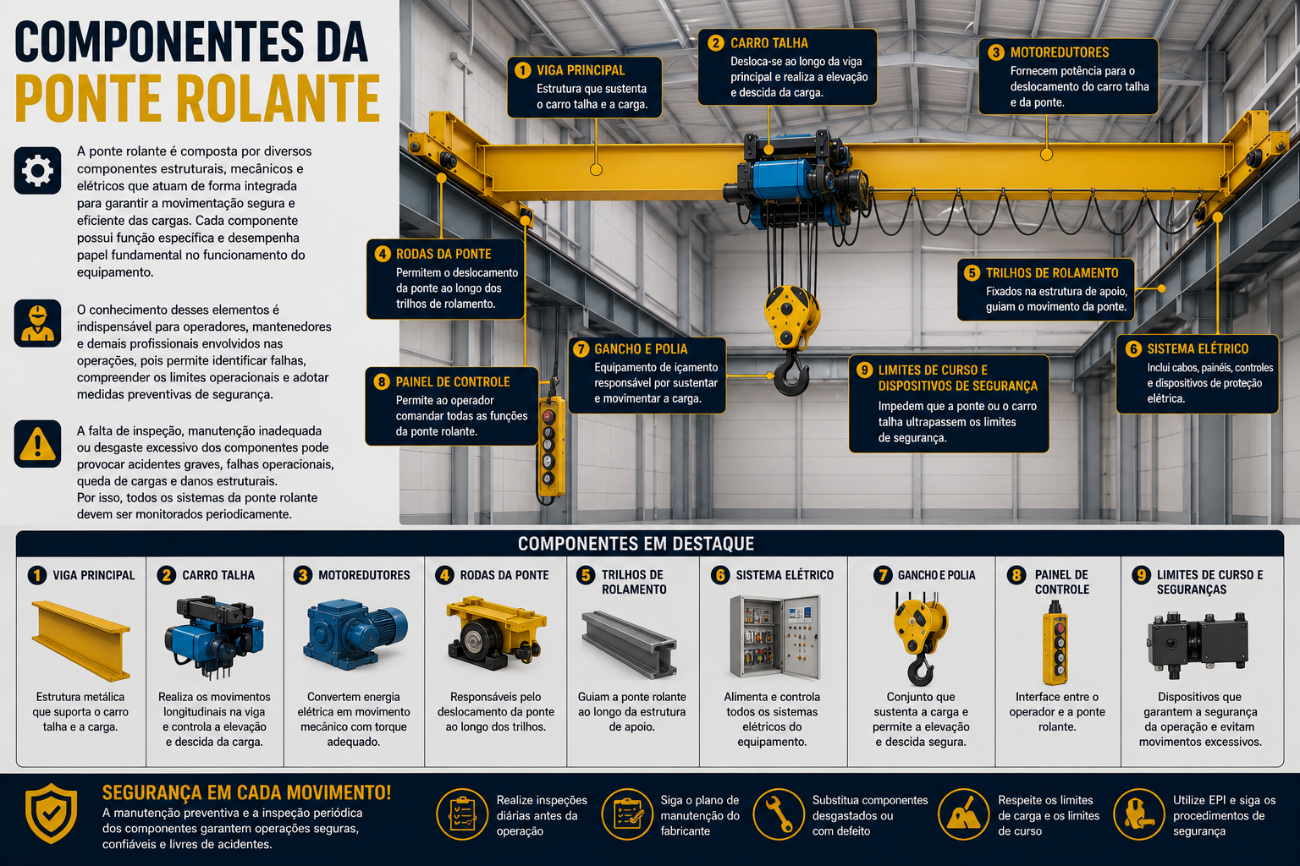 Infográfico: Componentes da Ponte Rolante — identificação de todos os sistemas