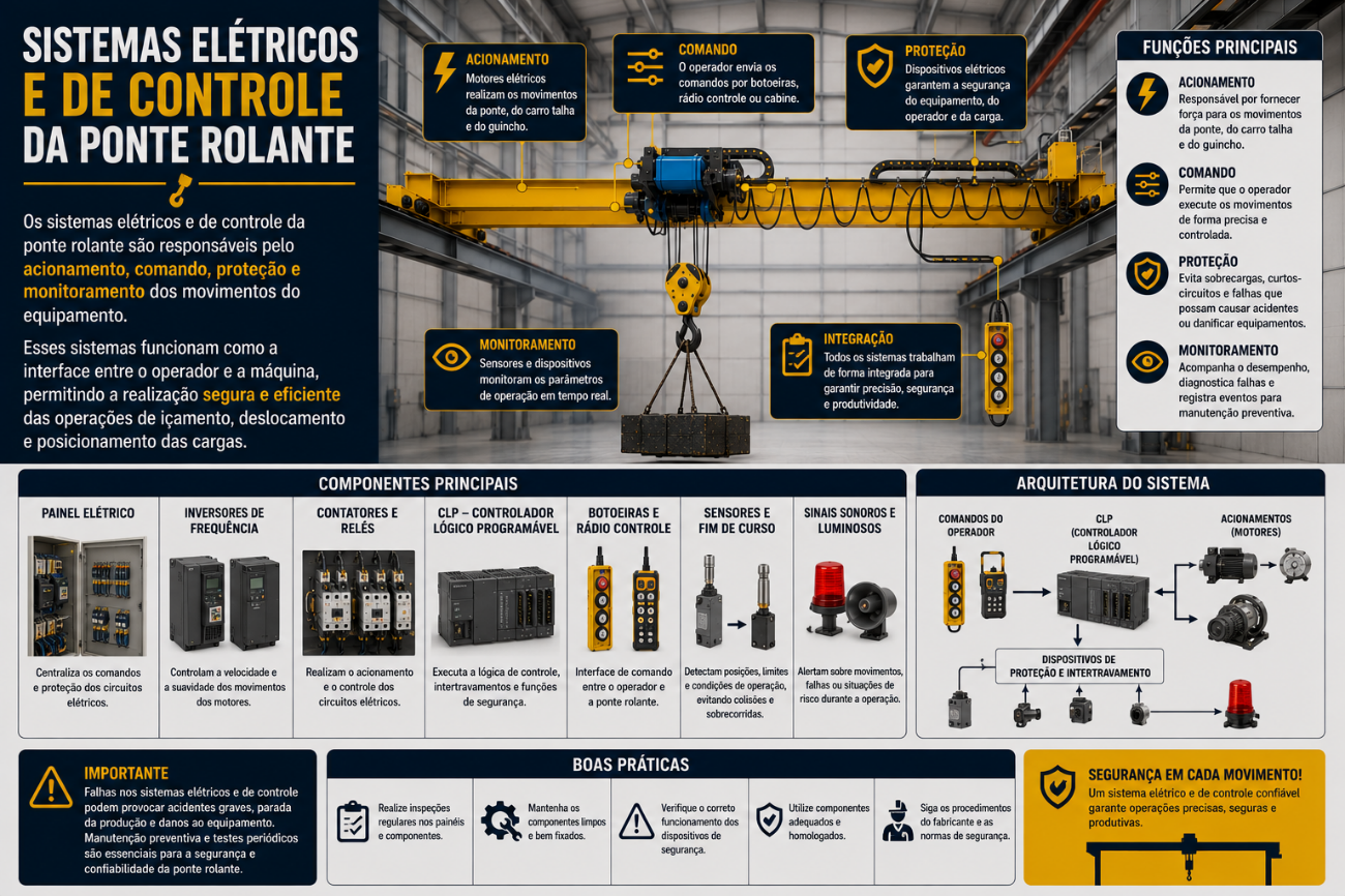 Infográfico: Sistemas Elétricos e de Controle da Ponte Rolante — componentes e boas práticas