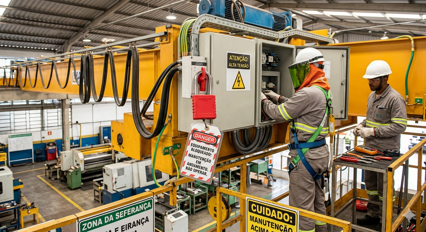 Técnicos realizando manutenção no painel elétrico da ponte rolante com procedimento de bloqueio e etiquetagem