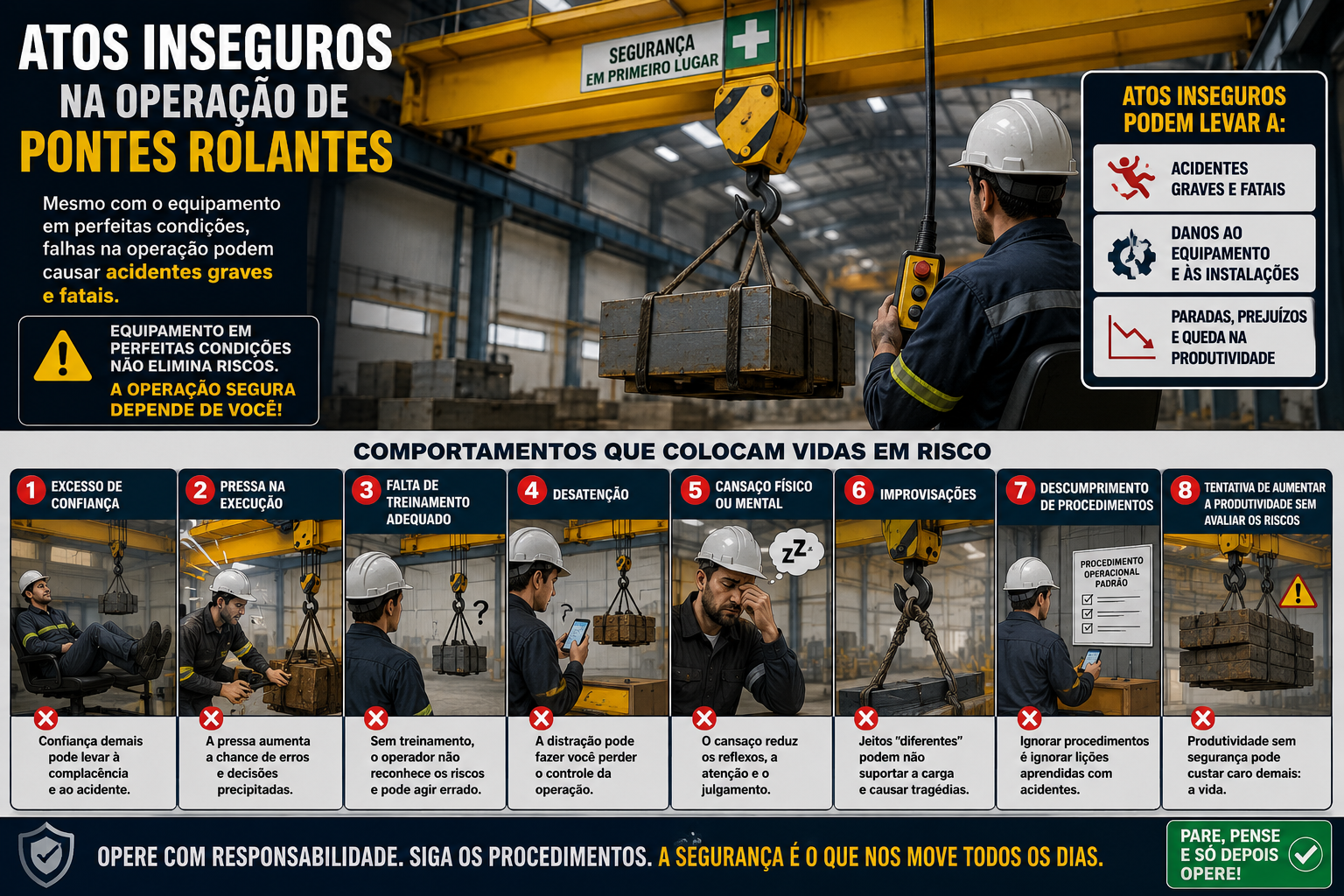Infográfico: Atos Inseguros na Operação de Pontes Rolantes — comportamentos que colocam vidas em risco