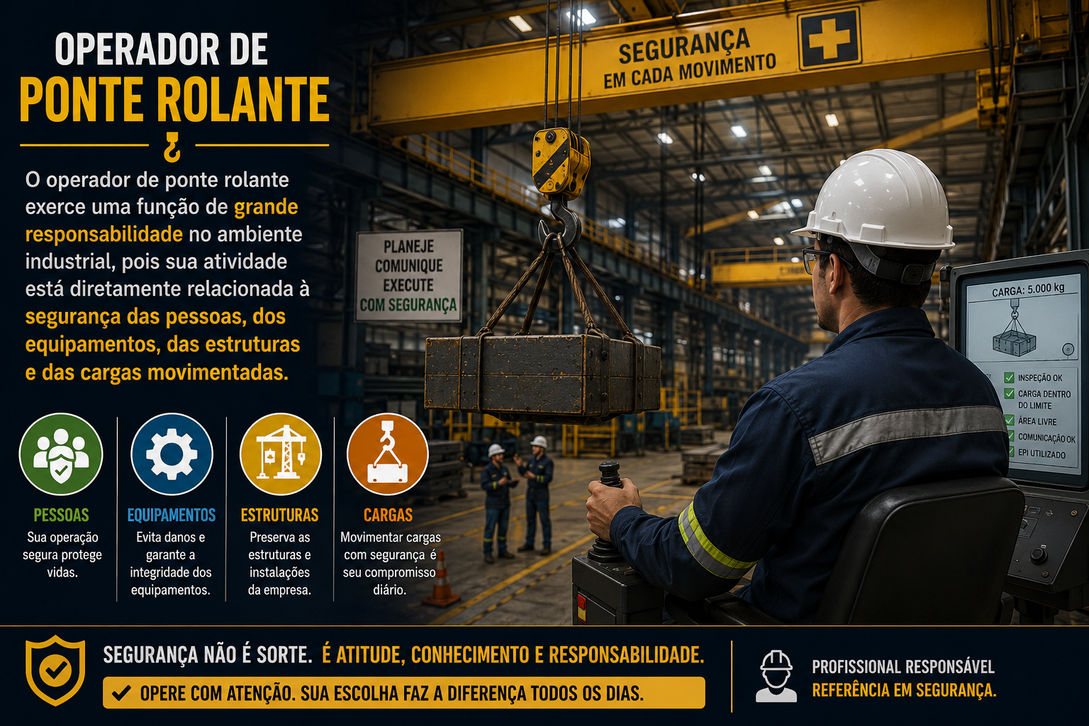 Infográfico: Operador de Ponte Rolante — responsabilidades e segurança