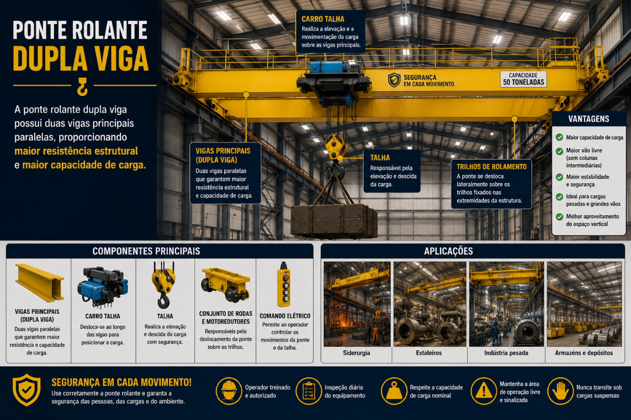 Infográfico: Ponte Rolante Dupla Viga — componentes, vantagens e aplicações