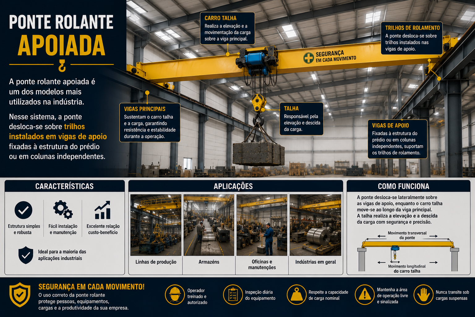 Infográfico: Ponte Rolante Apoiada — características, aplicações e como funciona