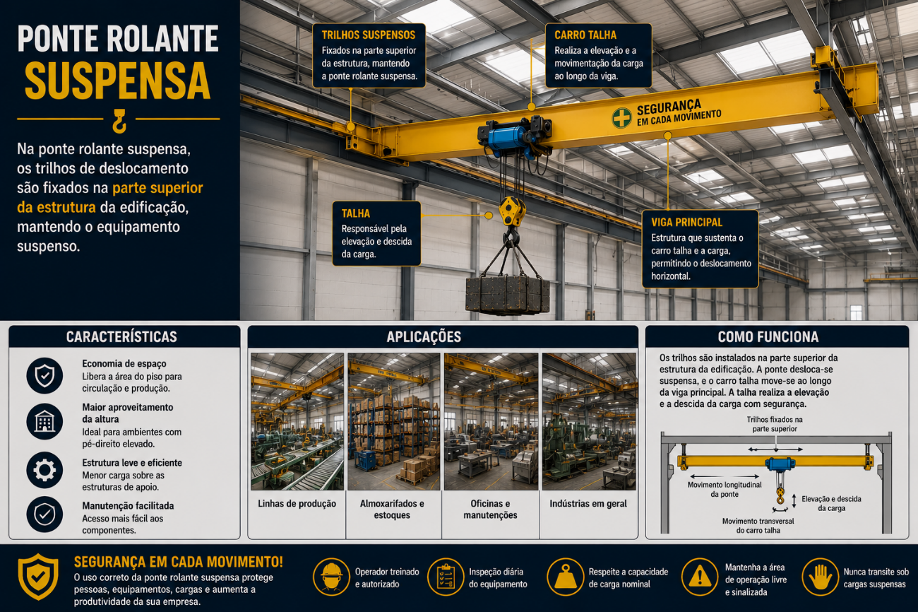 Infográfico: Ponte Rolante Suspensa — estrutura suspensa, características e aplicações