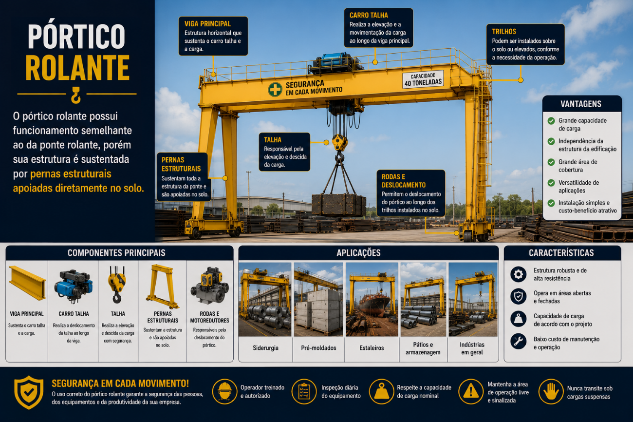 Infográfico: Pórtico Rolante — estrutura independente, componentes e aplicações