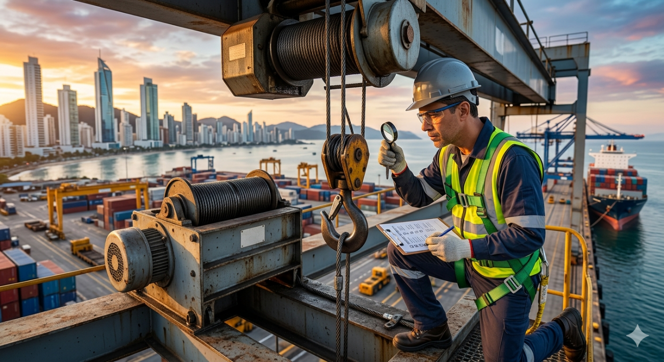 Trabalhador inspecionando equipamento com lupa