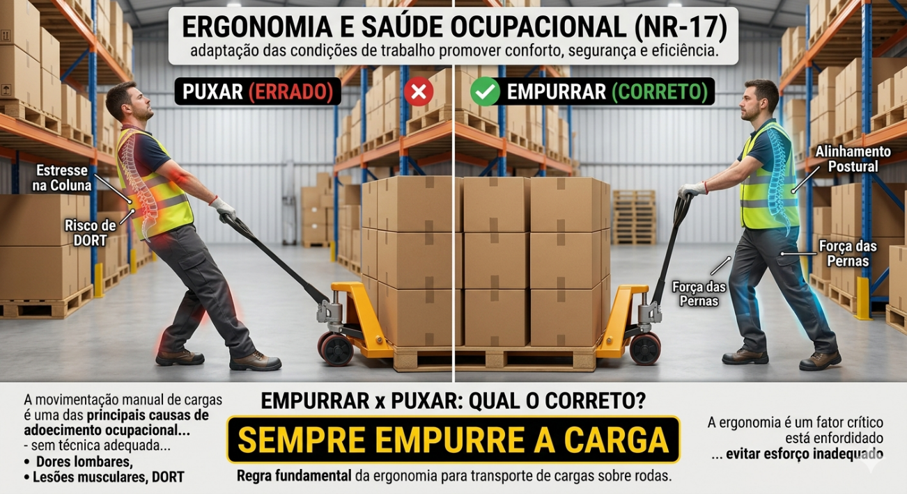 Infográfico NR-17: PUXAR (Errado) x EMPURRAR (Correto) com riscos de DORT