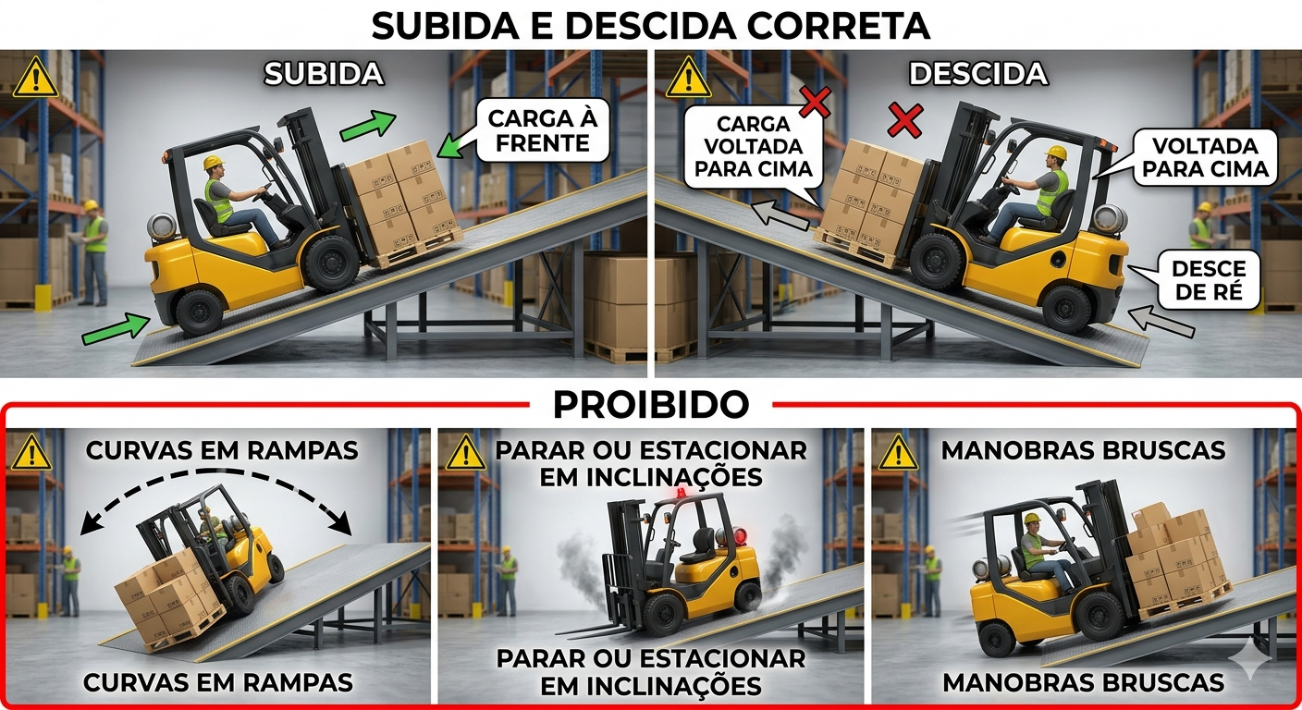 Infográfico: subida e descida correta em rampas e práticas proibidas