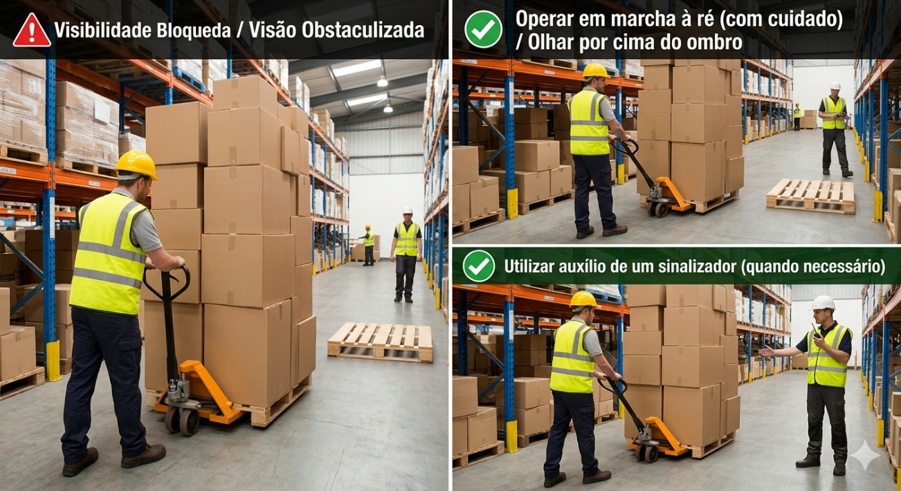 Três situações de visibilidade bloqueada: marcha a ré, olhar por cima do ombro e uso de sinalizador