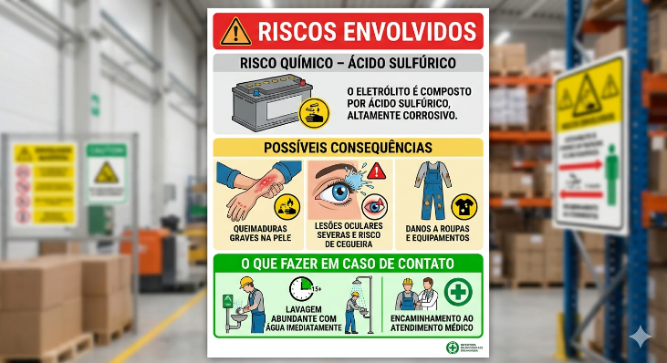 Infográfico: Riscos envolvidos — Ácido Sulfúrico, possíveis consequências e o que fazer em caso de contato