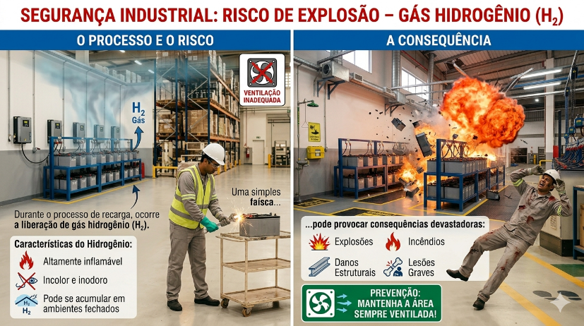 Infográfico: Segurança Industrial — Risco de Explosão por Gás Hidrogênio durante recarga de baterias