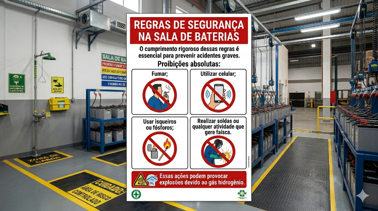 Infográfico: Regras de segurança na sala de baterias com proibições e procedimentos