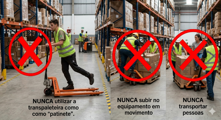 Três fotos proibições: nunca usar como patinete, nunca subir no equipamento, nunca transportar pessoas