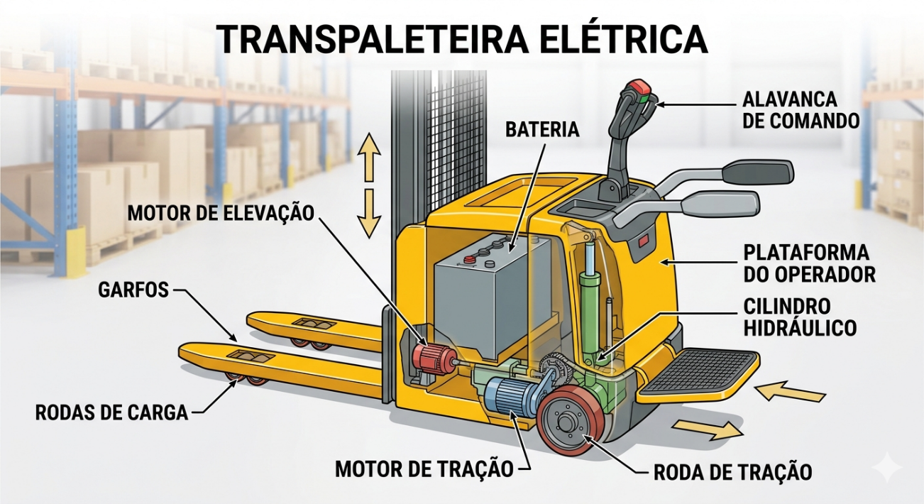 Infográfico da transpaleteira elétrica com todos os componentes identificados