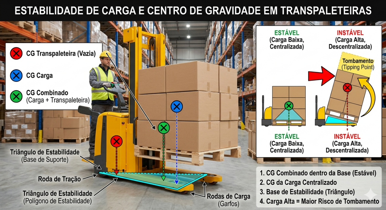 Infográfico: Estabilidade de Carga e Centro de Gravidade em Transpaleteiras