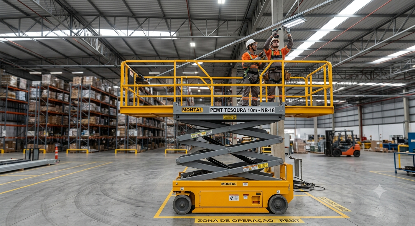PEMT Tesoura em operação em galpão logístico com dois operadores em altura realizando manutenção
