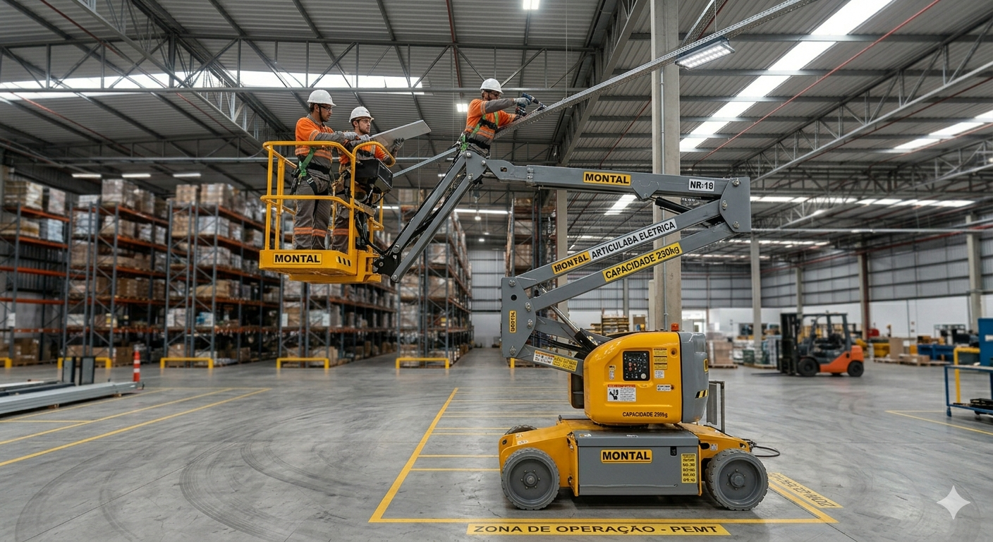 PEMT Articulada com lança totalmente estendida em galpão industrial, dois operadores com EPIs trabalhando em altura